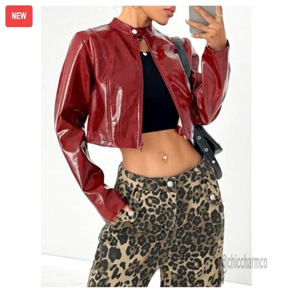 PU Leather Cropped Jacket Zip Up Mock Neck Long Sleeve Outerwear Streetwear Chic - Picture 3 of 5